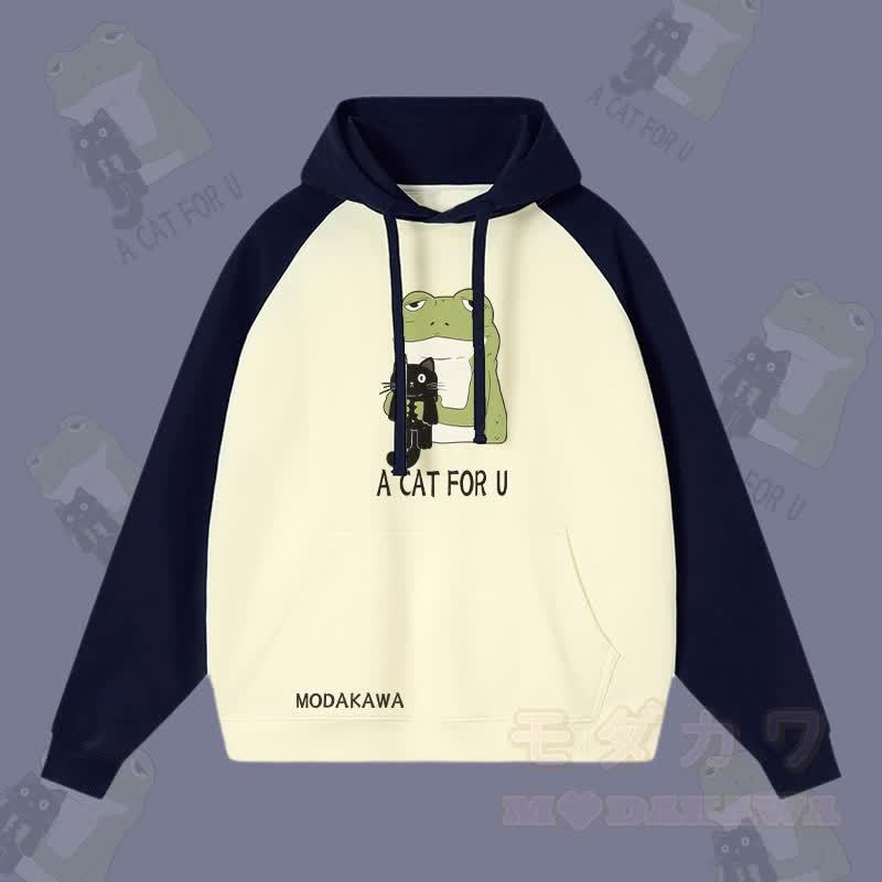 A CAT FOR U カエルを抱きしめる黒猫のグラフィック ストリートウェアカラーブロック パーカー - パープリッシュブルー＆アプリコット - 3XL - image 3