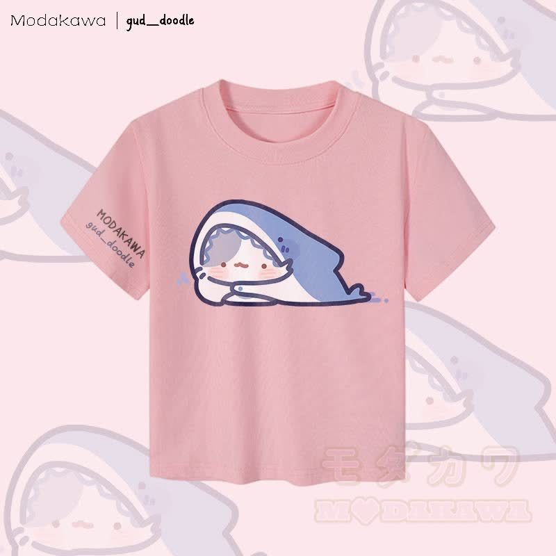 MODAKAWA x gud_doodleキティシャークグラフィック レディース クロップドTシャツ 92%コーマ綿クロップトップ - ピンク - XL - image 3