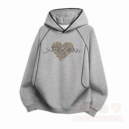 レオパードハートグラフィックModakawaカワラグランスリーブオーバーサイズプルオーバーパーカー - グレー - 3XL - image 3