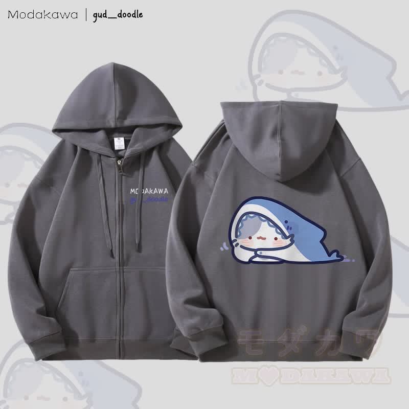 MODAKAWA X gud_doodleキティシャークグラフィック フリース裏地 ジップアップ パーカー スウェットシャツ - ダークグレー - 5XL - image 3