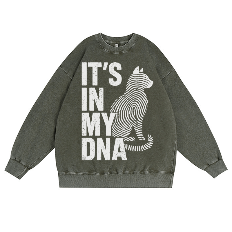 IT'S IN MY DNA 猫好き ユニセックス ヴィンテージ ウォッシュド スウェットシャツ 指紋グラフィック クルーネック プルオーバー - ダークグリーン - 3XL - image 4