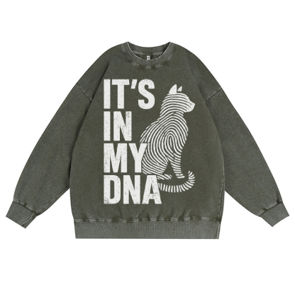IT'S IN MY DNA 猫好き ユニセックス ヴィンテージ ウォッシュド スウェットシャツ 指紋グラフィック クルーネック プルオーバー - ダークグリーン - 3XL - image 4