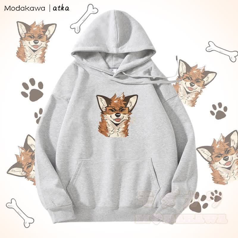 眼鏡をかけたキツネのグラフィック フリース裏地パーカー - グレー - 5XL - image 4