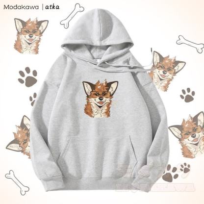 眼鏡をかけたキツネのグラフィック フリース裏地パーカー - グレー - 5XL - image 4