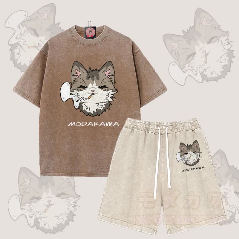 MODAKAWA スモーキングキャットグラフィック ヴィンテージウォッシュTシャツ ショーツ 2点セット - ブラウン＆アプリコット - 3XL - image 5