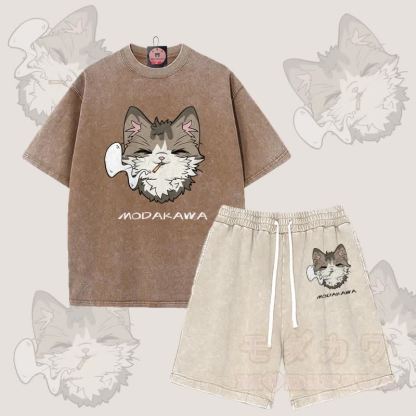 MODAKAWA スモーキングキャットグラフィック ヴィンテージウォッシュTシャツ ショーツ 2点セット - ブラウン＆アプリコット - 3XL - image 5