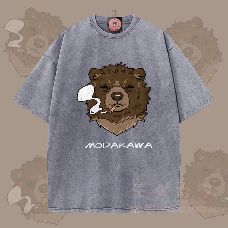 MODAKAWA スモーキングベア グラフィック ユニセックス ヴィンテージウォッシュTシャツ - グレー - 5XL - image 5