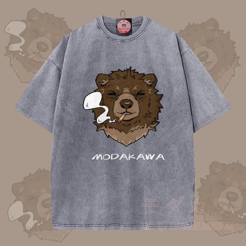 MODAKAWA スモーキングベア グラフィック ユニセックス ヴィンテージウォッシュTシャツ - グレー - 5XL - image 5
