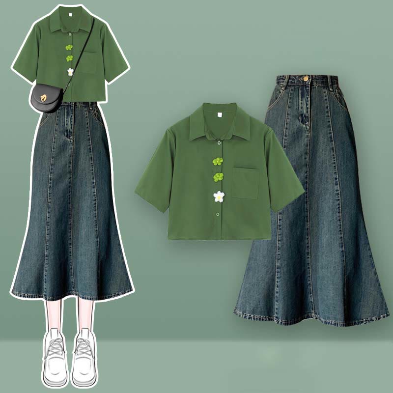 ボウノットバタフライチュールクロップトップTシャツフィッシュテールデニムスカート2ピースセット - Green Set - XL - image 3