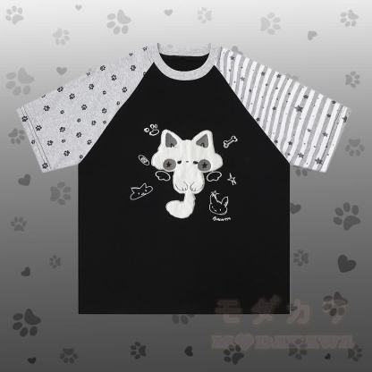 フロックキャットグラフィックラグランTシャツ、キティギンガムショーツ、Modakawaお揃いコーデ - 黒のTシャツ - L - image 5