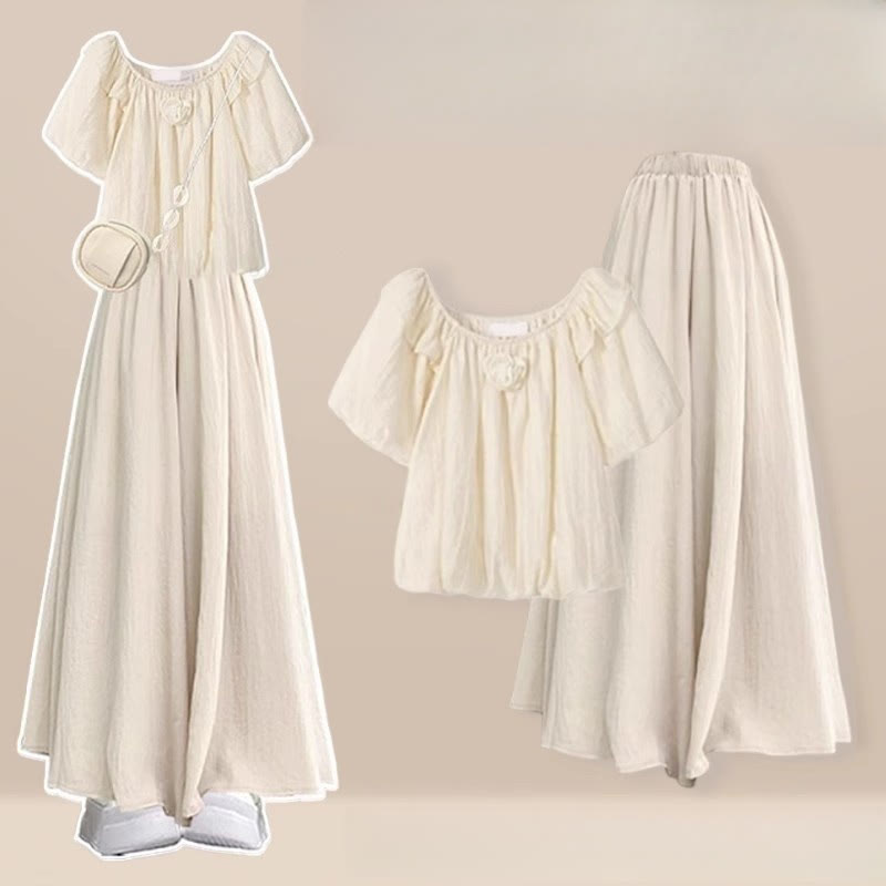 3Dフラワーブラウス ワイドレッグパンツスカート 2ピースセット - Apricot - 3XL - image 3