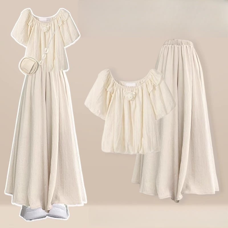 3Dフラワーブラウス ワイドレッグパンツスカート 2ピースセット - Apricot - 3XL - image 3