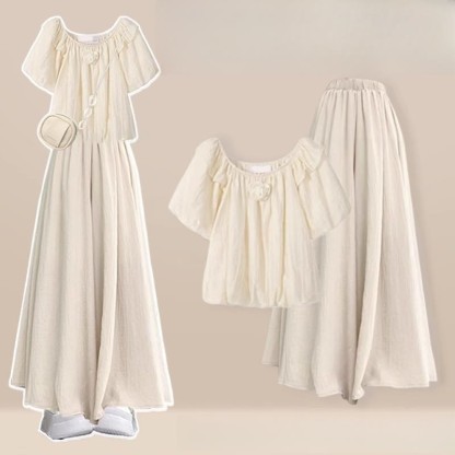 3Dフラワーブラウス ワイドレッグパンツスカート 2ピースセット - Apricot - 3XL - image 3