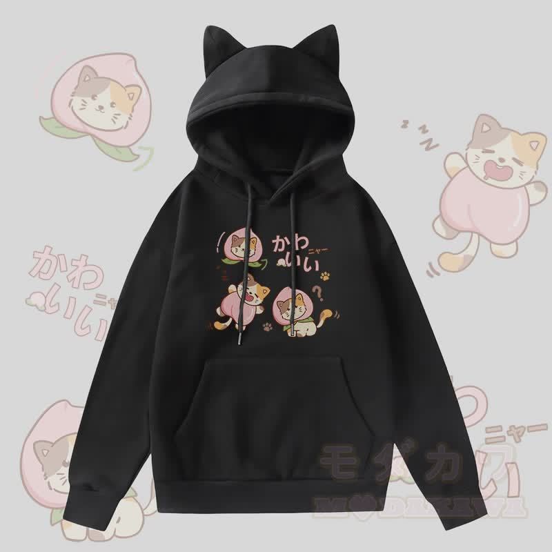 MODAKAWA ピーチキャットグラフィックポケット付き裏起毛パーカー（猫耳付き） - 黒 - 2XL - image 3