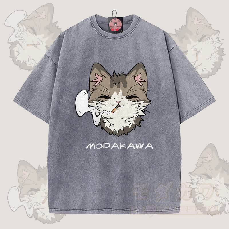 MODAKAWA スモーキングキャットグラフィック ユニセックス ヴィンテージウォッシュTシャツ - グレー - 5XL - image 5