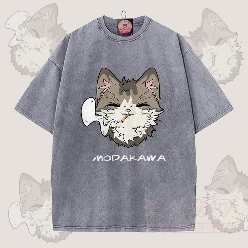 MODAKAWA スモーキングキャットグラフィック ユニセックス ヴィンテージウォッシュTシャツ - グレー - 5XL - image 5