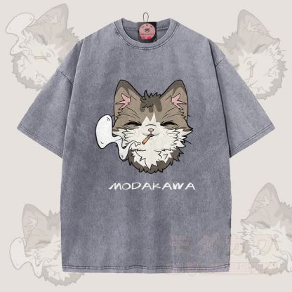 MODAKAWA スモーキングキャットグラフィック ユニセックス ヴィンテージウォッシュTシャツ - グレー - 5XL - image 5