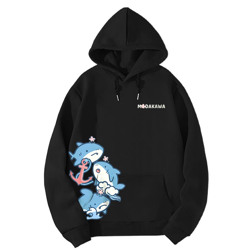 Modakawaグラデーション シャーク レタープリント ルーズ パーカー - Black - 5XL - image 2