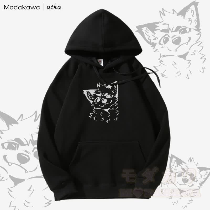 かわいいキツネのグラフィックフリース裏地パーカー - 黒 - 5XL - image 7