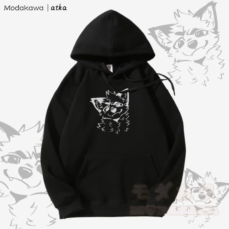 かわいいキツネのグラフィックフリース裏地パーカー - 黒 - 5XL - image 7