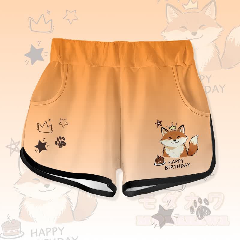 HAPPYバースデー かわいいキツネのケーキ グラフィックModakawaグラデーション ショートパンツ - オレンジ - 5XL - image 3
