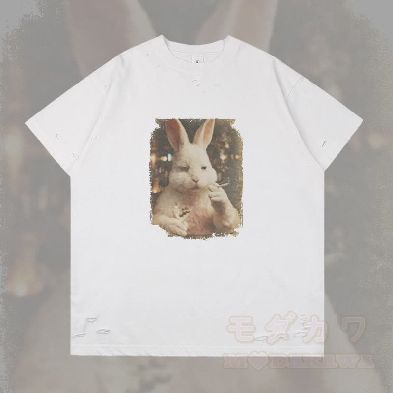 ヴィンテージ スモーキングバニー グラフィックModakawaリップド Tシャツ - 白 - 2XL - image 4