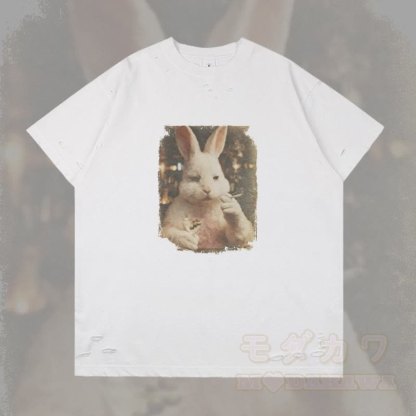 ヴィンテージ スモーキングバニー グラフィックModakawaリップド Tシャツ - 白 - 2XL - image 4