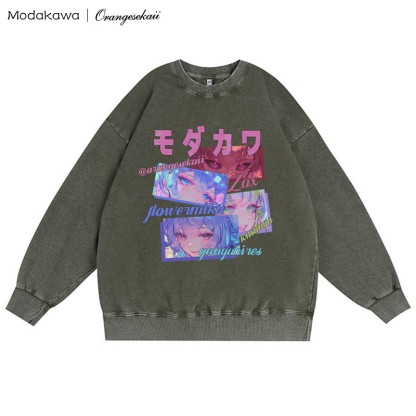 MODAKAWA X orangesekaii ユニセックス ヴィンテージ ウォッシュド スウェットシャツ ザックス フラワーミク キツニャ ガニュヒレス グラフィック クルーネック プルオーバー - ダークグリーン - 3XL - image 3