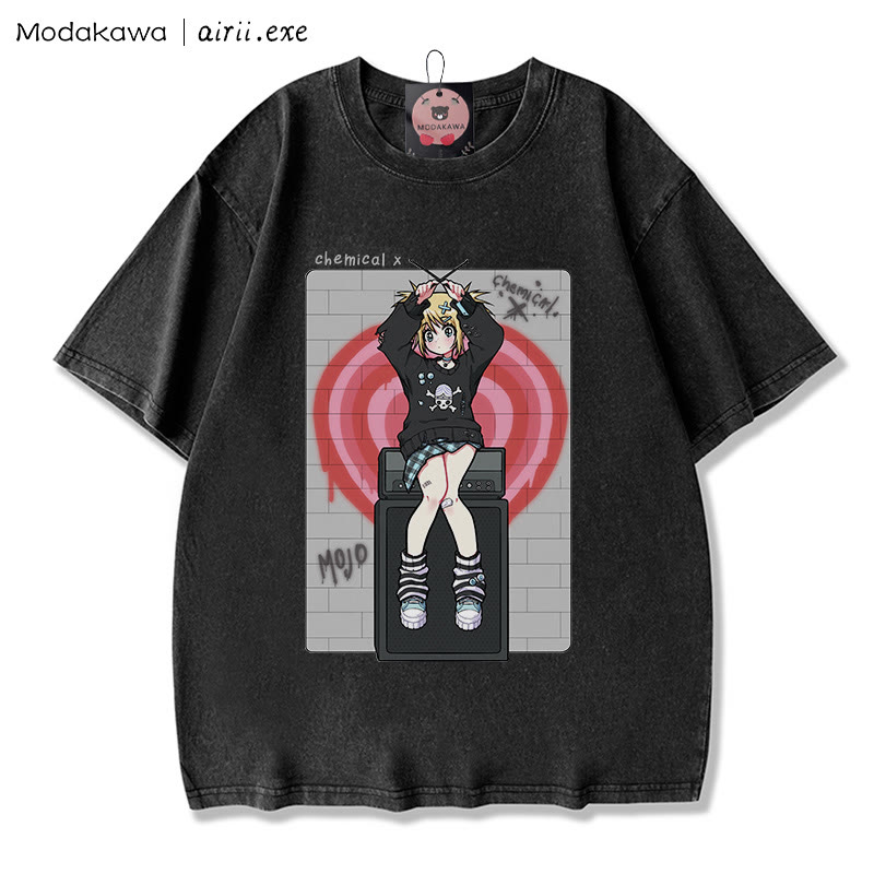 MODAKAWA X airii.exeケミカルガールレタープリント ヴィンテージウォッシュ加工100%綿ModakawaTシャツ - Black - 3XL - image 4