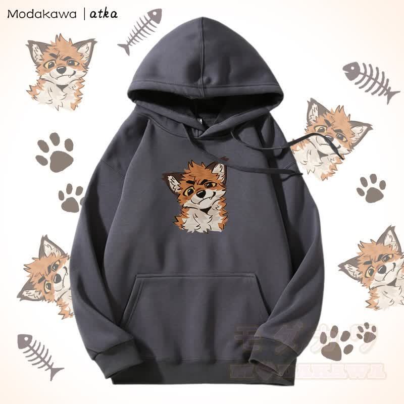 面白いキツネのグラフィックフリース裏地パーカー - ダークグレー - 5XL - image 8