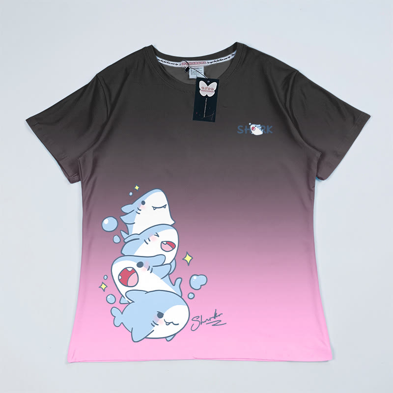 グラデーションスタックシャークグラフィックTシャツ - Black&Pink - 5XL - image 4