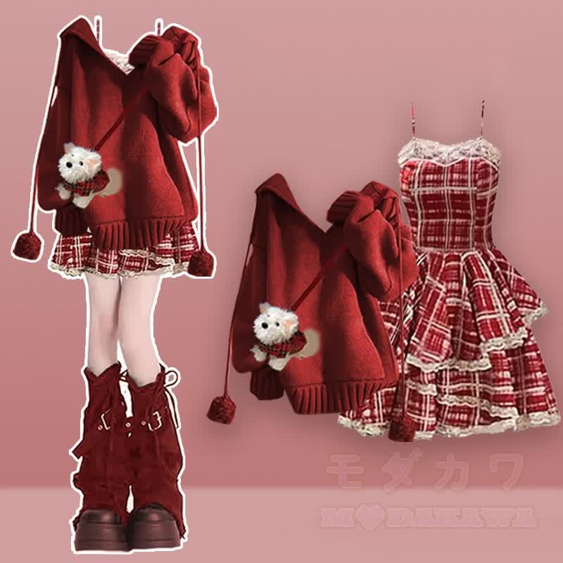 ニットセーター チェック柄 スリップドレス レッグウォーマー 3点セット - セットC - XL - image 3