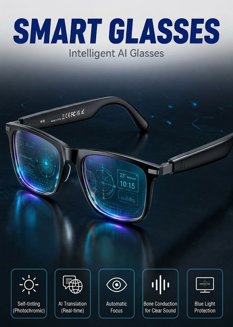 Smart Zoom Color-Changing Solar Real-Time AI Translation Glasses