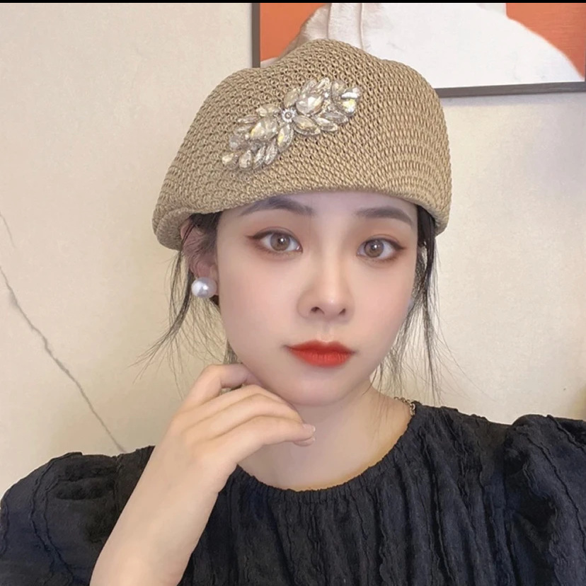 Thin crochet Japanese style versatile rhinestone beret