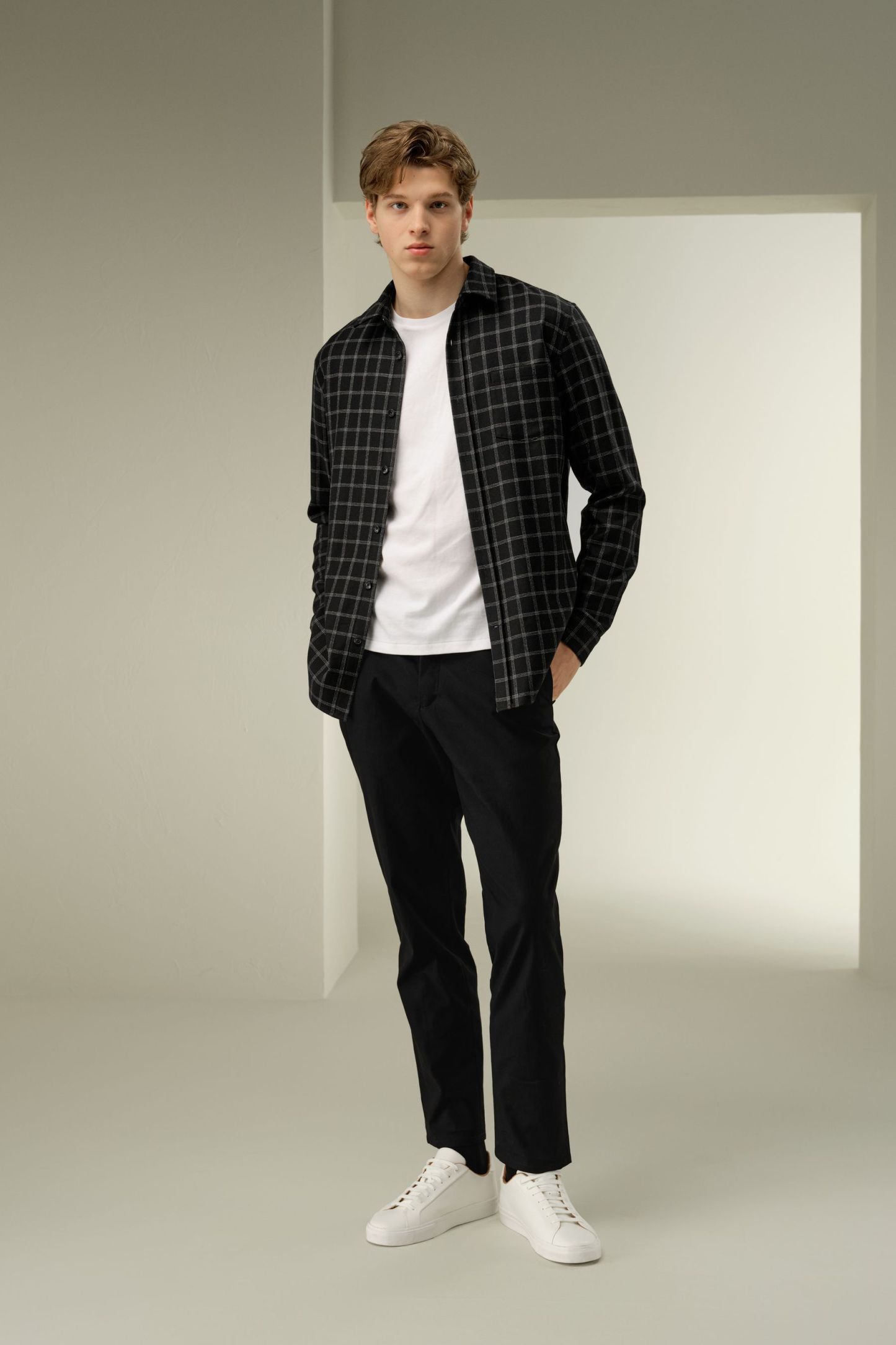 Men's silk-wool windowpane pattern shirt