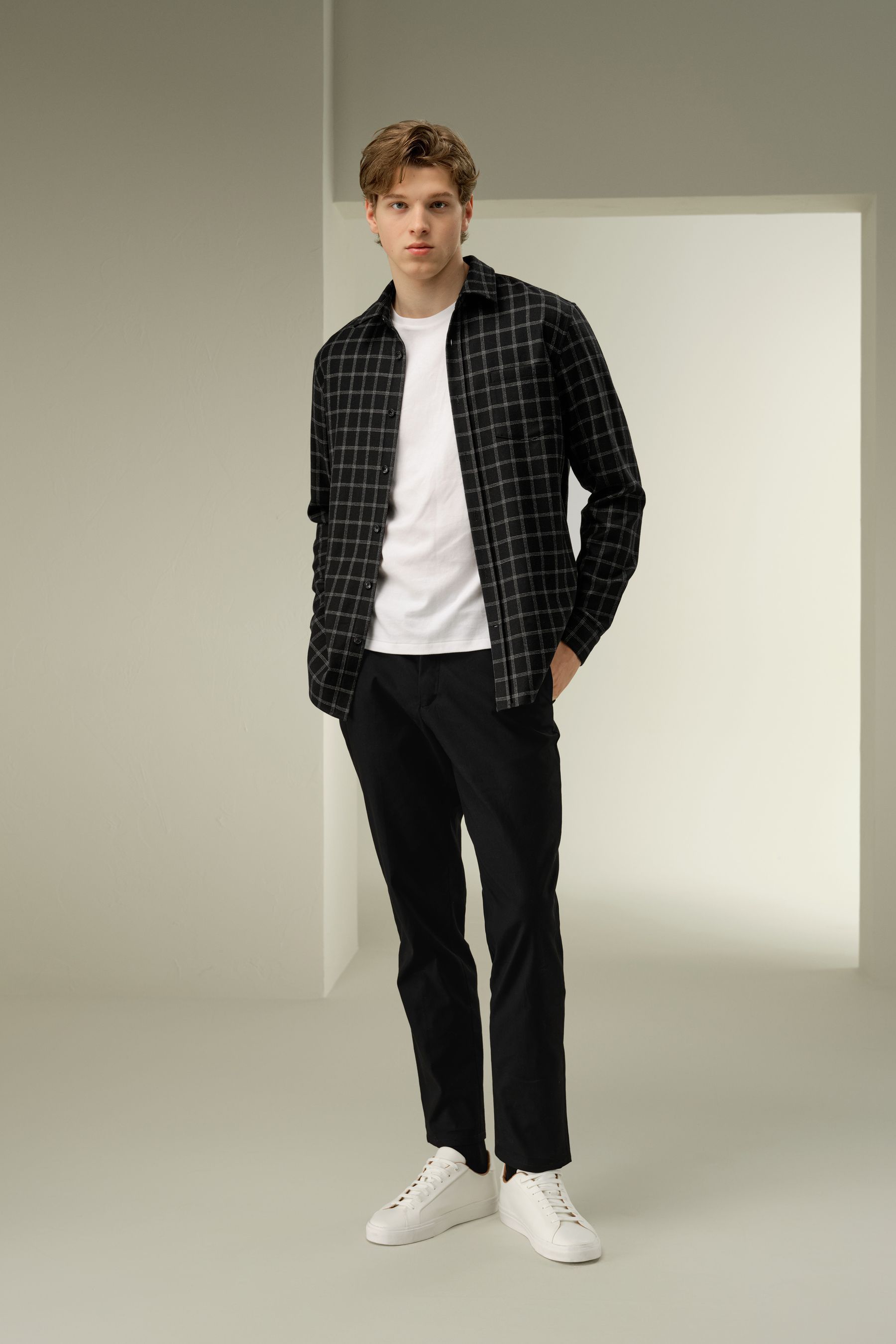 Men's silk-wool windowpane pattern shirt