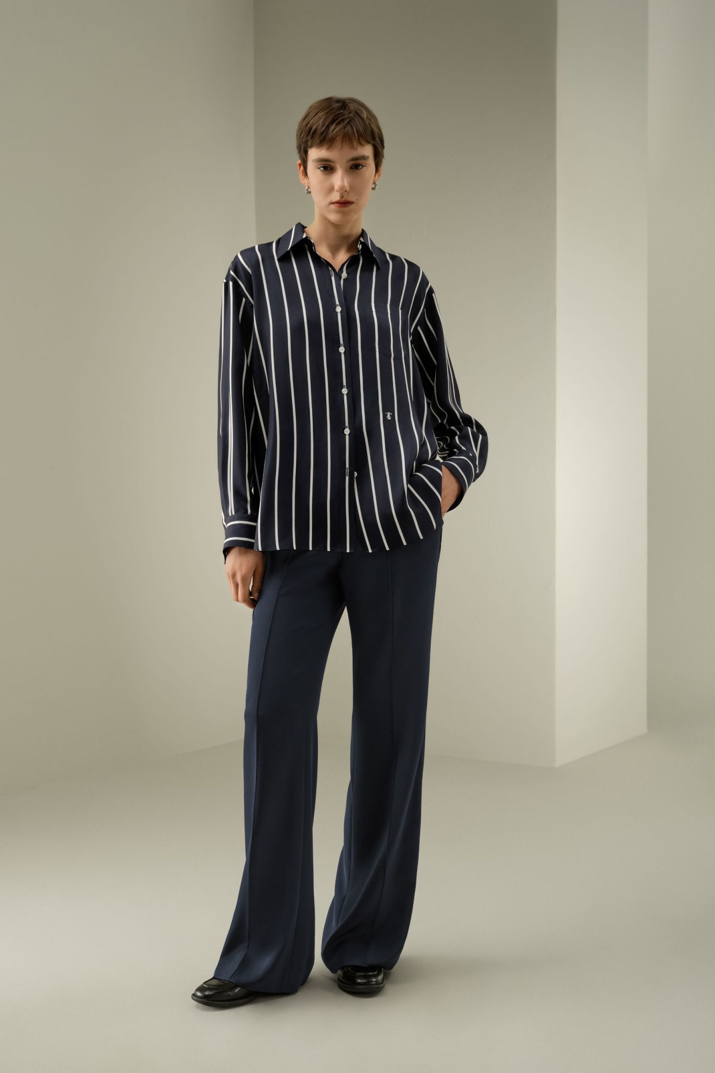 Silk Twill Striped Button-Down Shirt