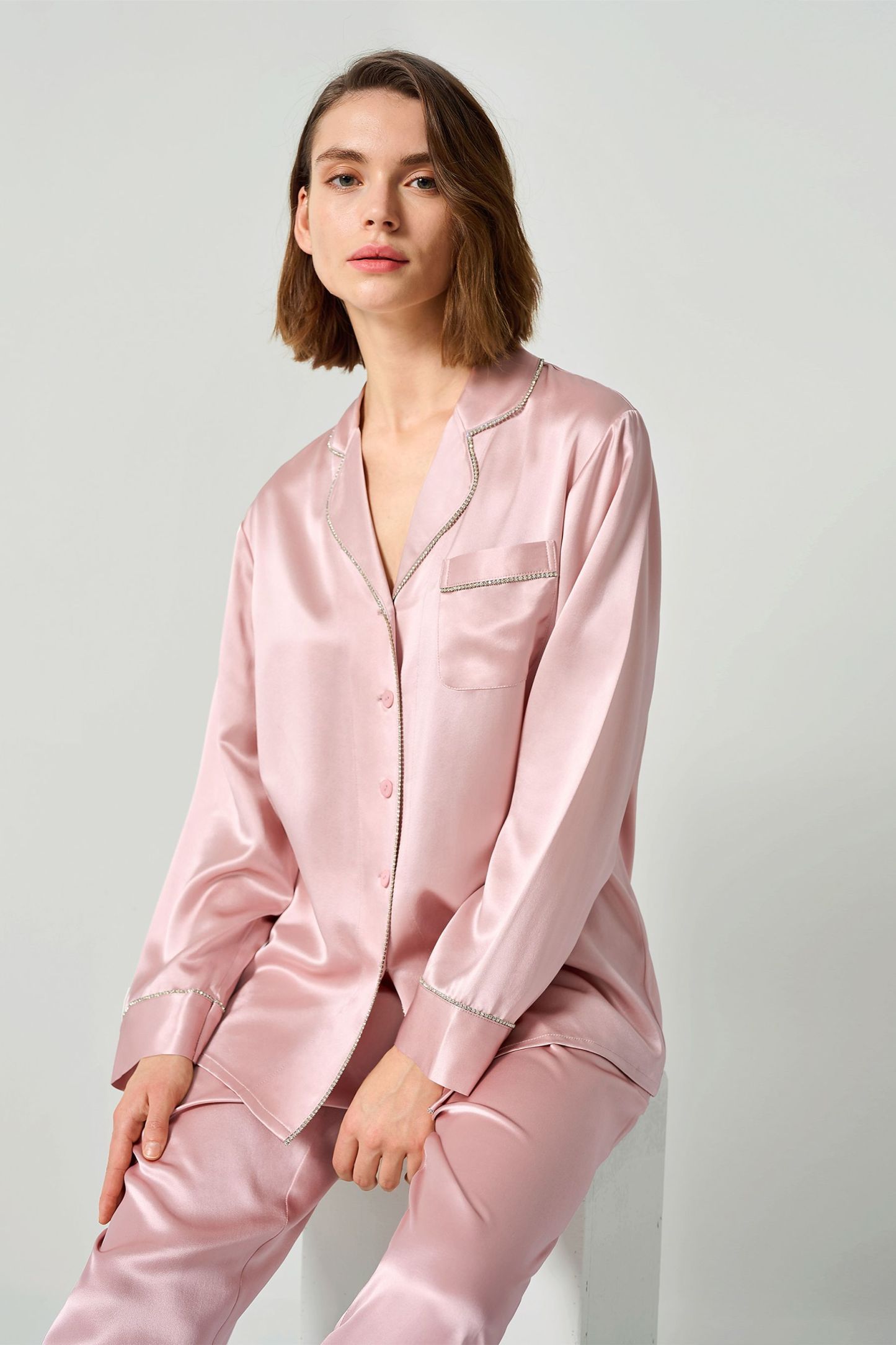 Rhinestone Trimmed Silk Women Pajamas Set
