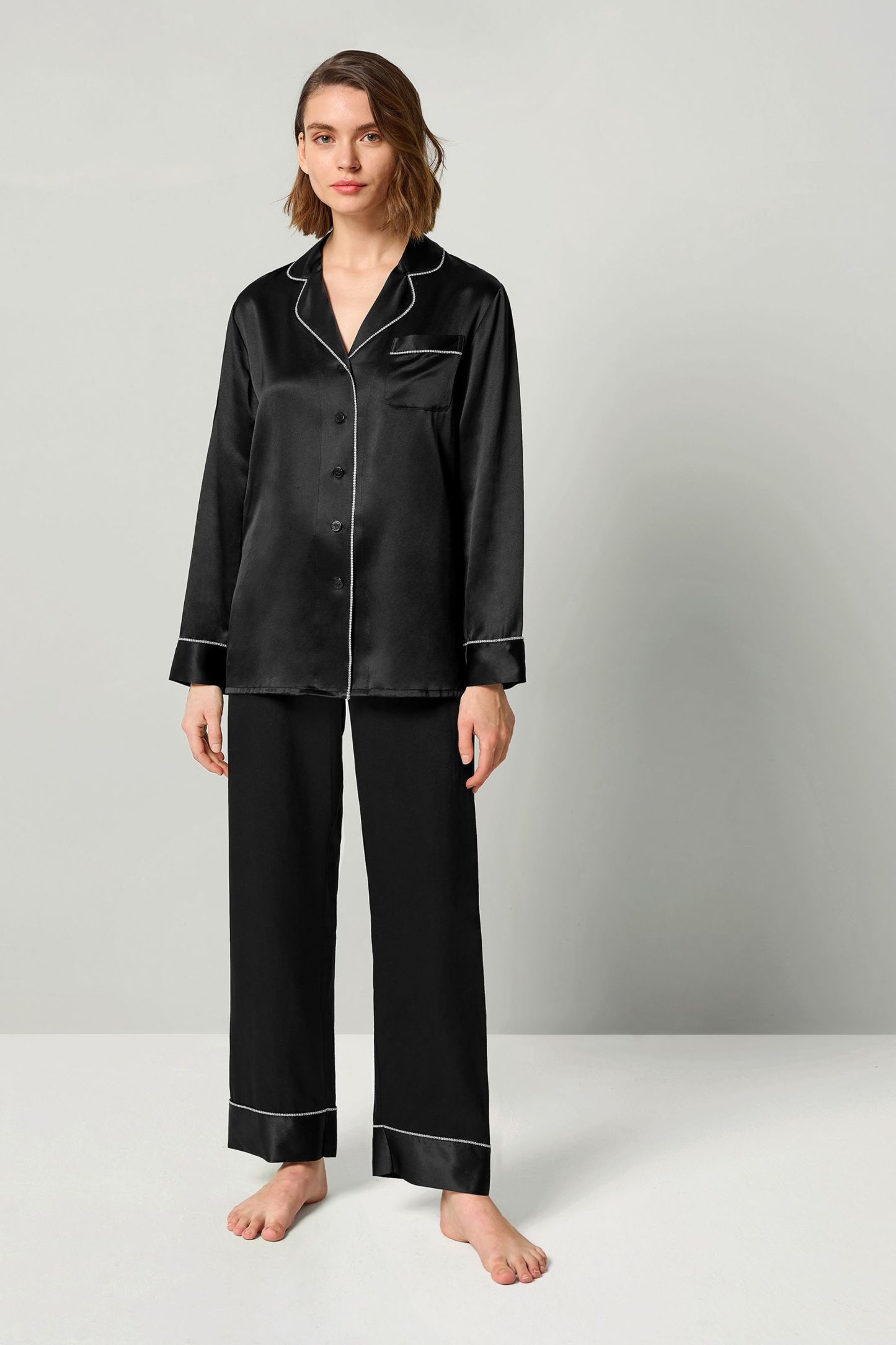 Rhinestone Trimmed Silk Women Pajamas Set