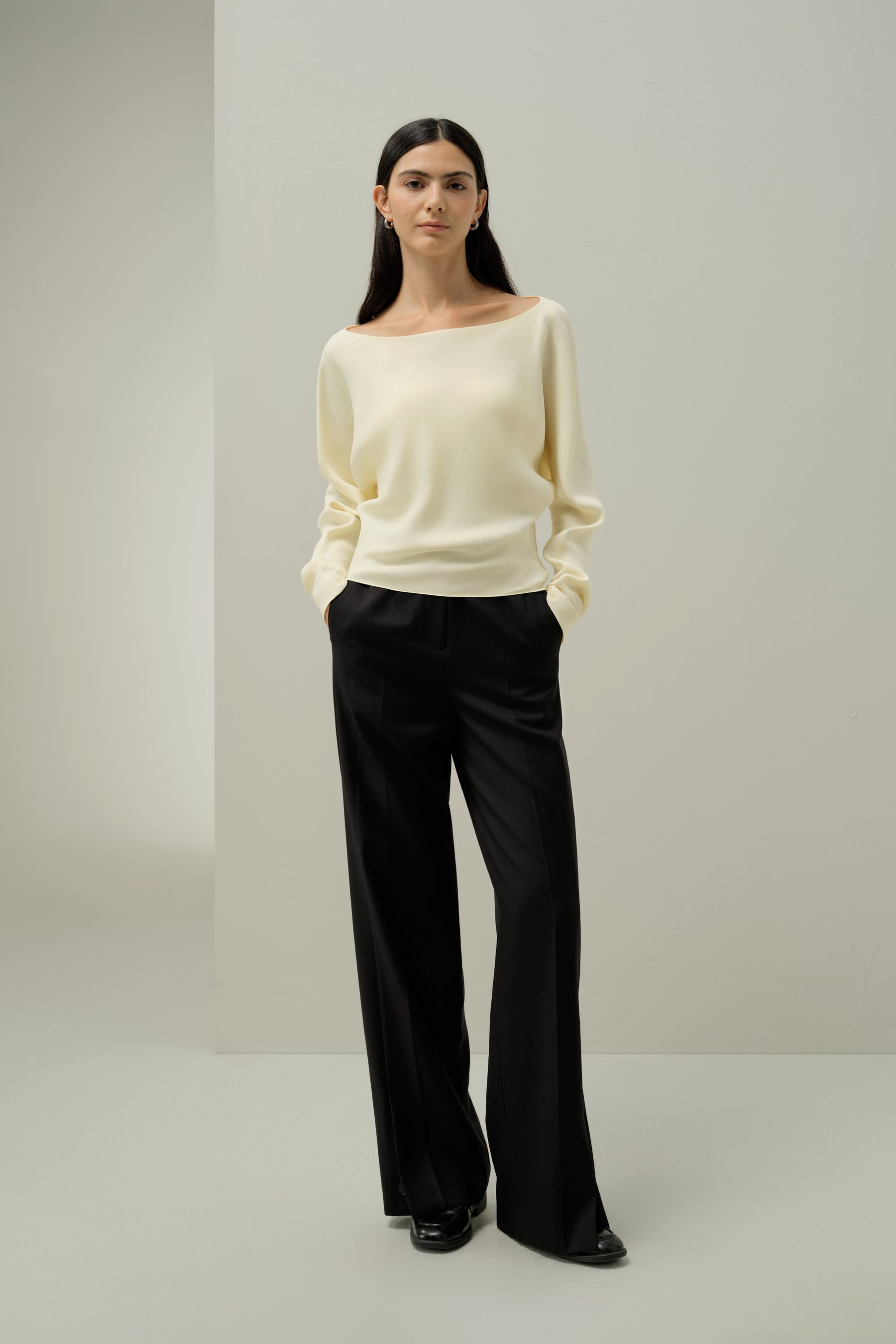 Long Sleeve Gathered Silk Top