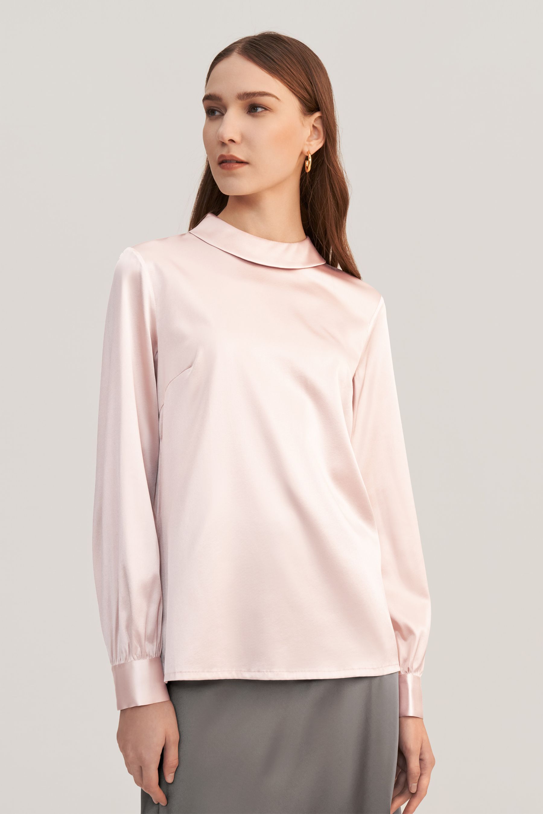 Stand Collar Long Sleeves Silk Blouse
