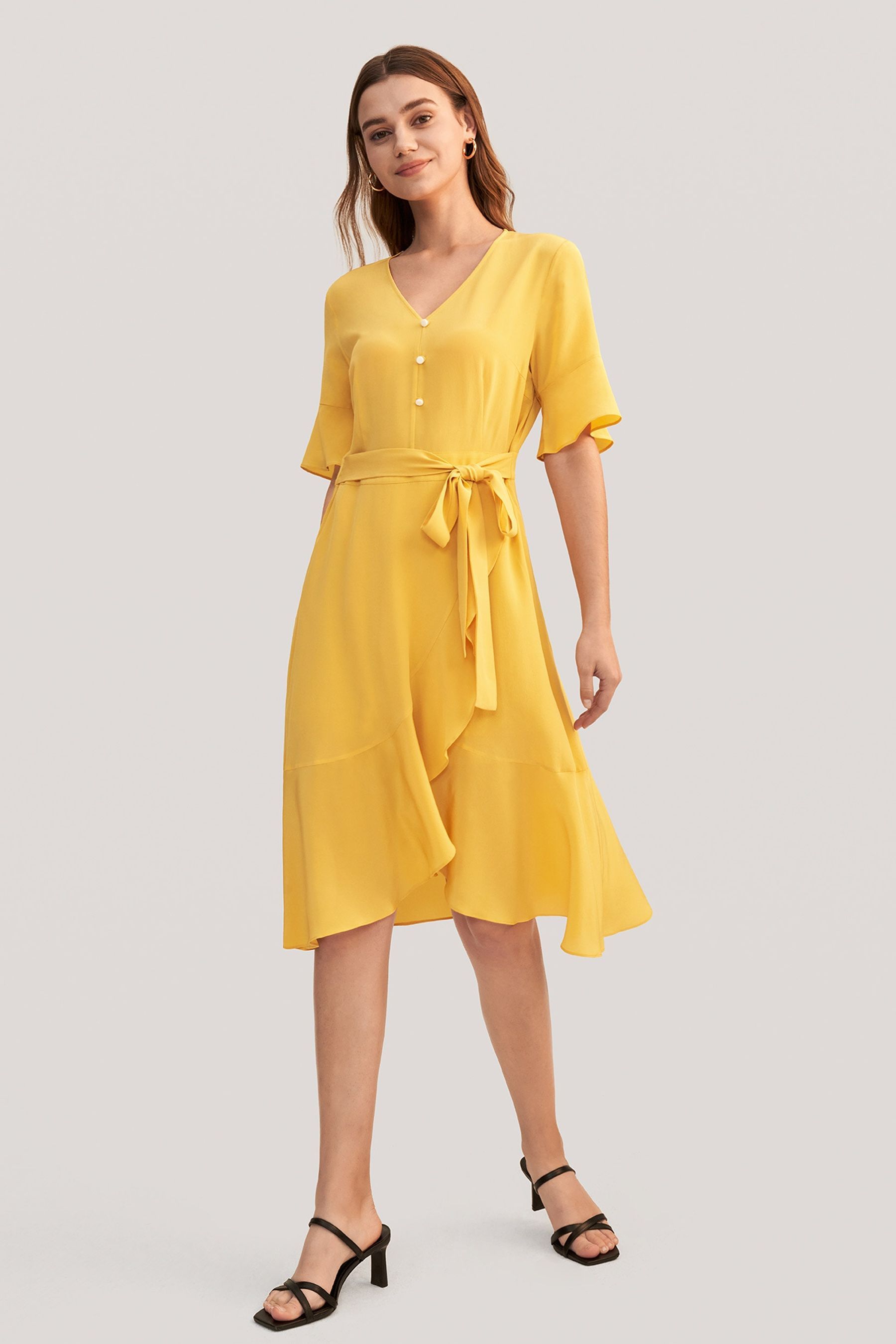 Ruffle Trim V Neck Silk Dress