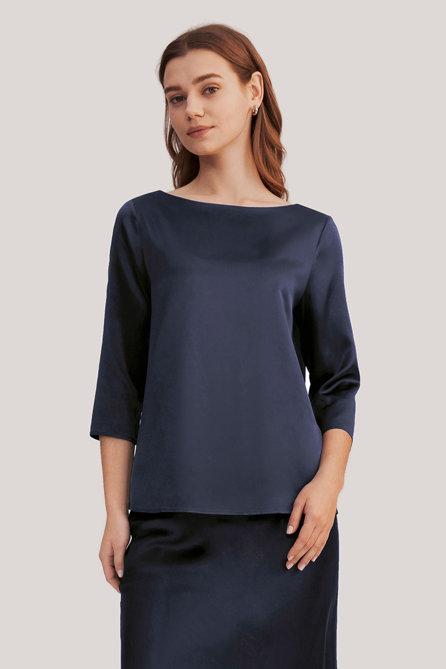 3/4 Sleeve Boat Neck Silk Blouse