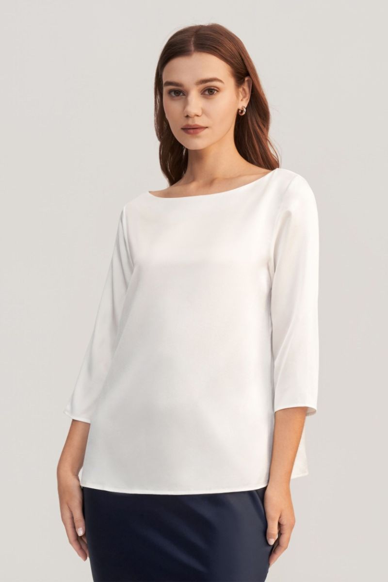 3/4 Sleeve Boat Neck Silk Blouse