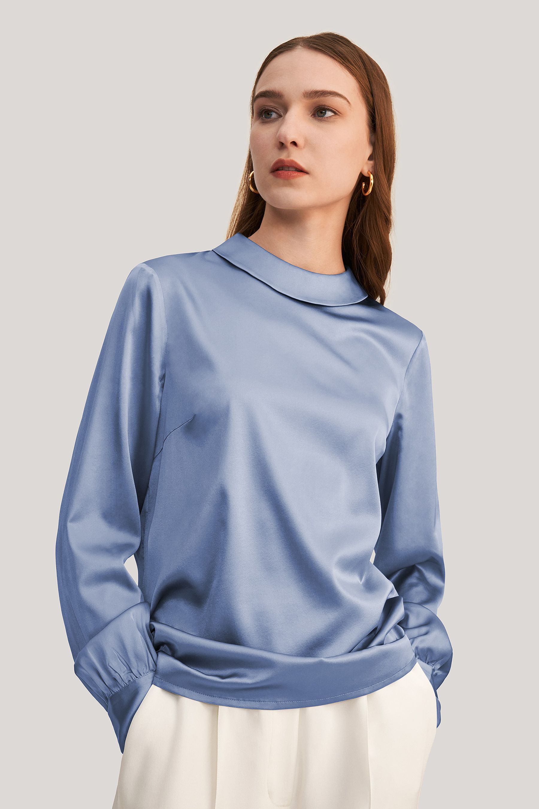 Stand Collar Long Sleeves Silk Blouse