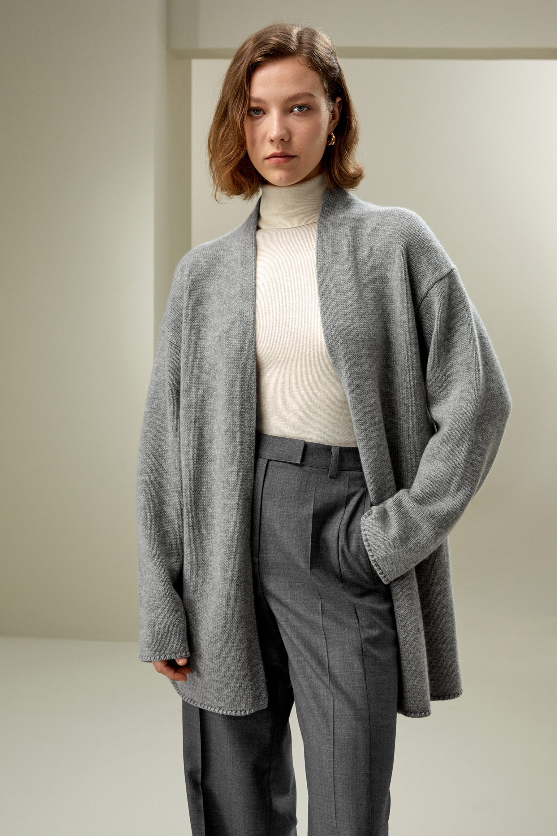 Long Open-Front Knit Cardigan