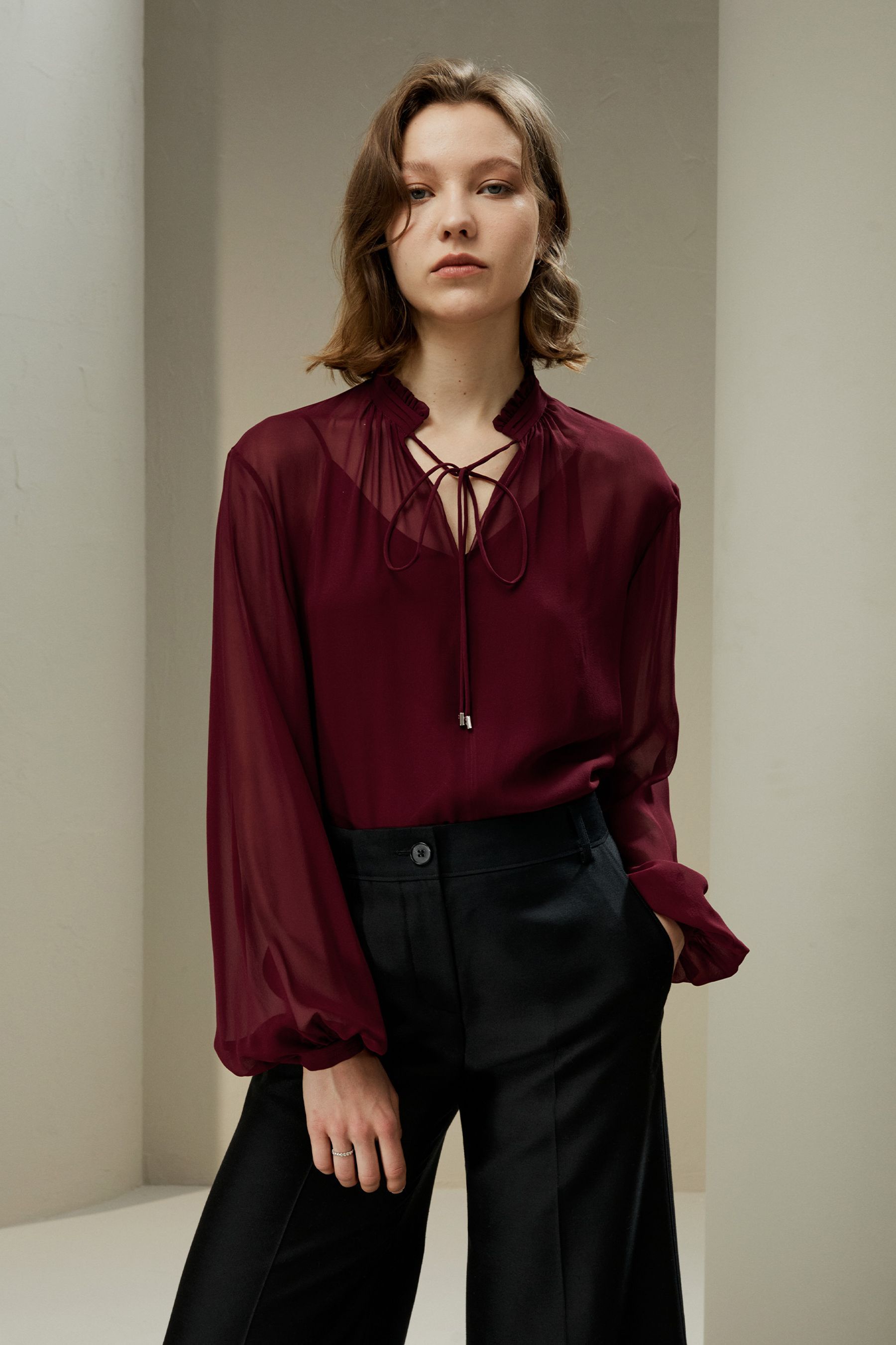 Tie Front Drawstring Georgette Blouse