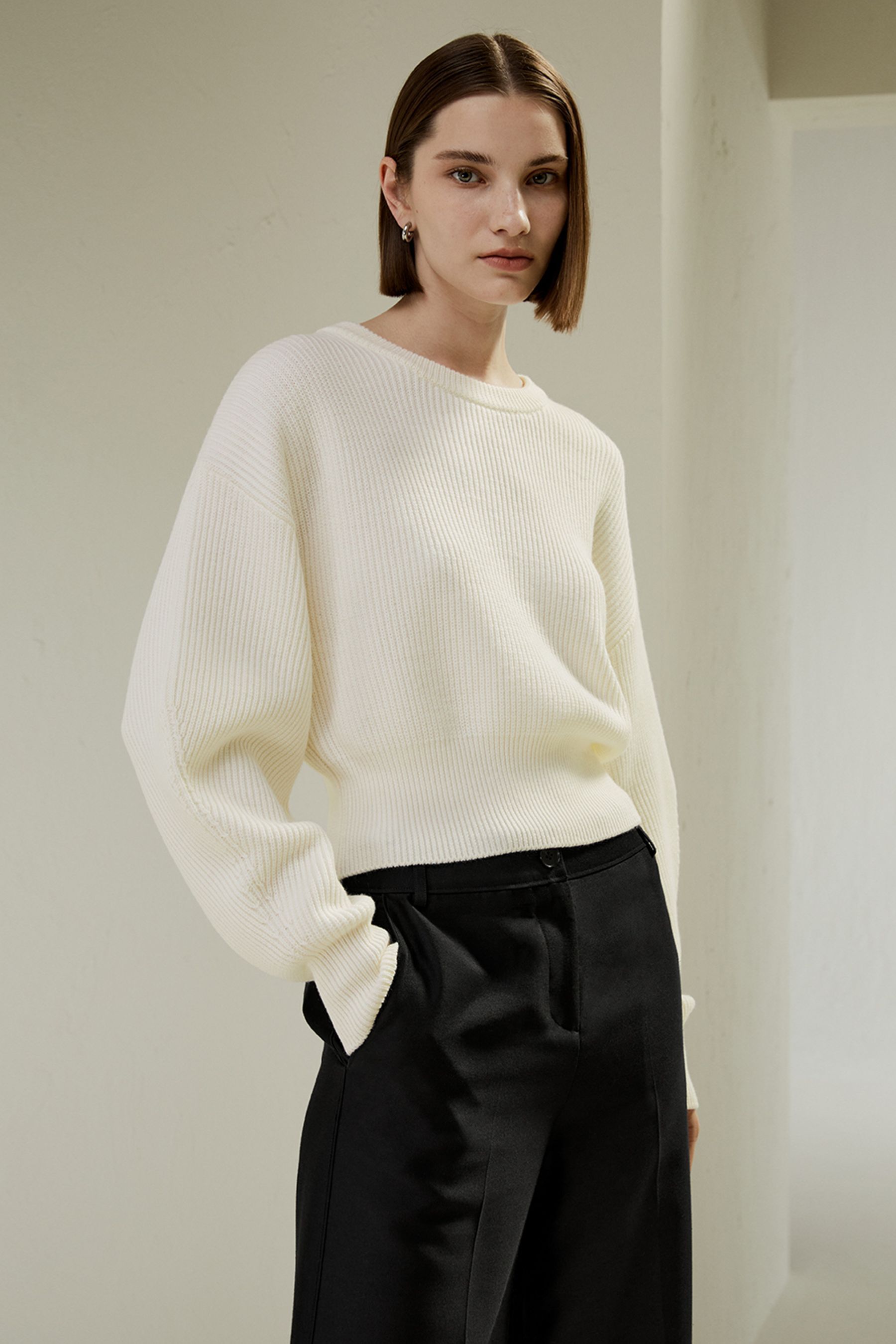 Round Neck Drop-Shoulder Merino Wool Sweater