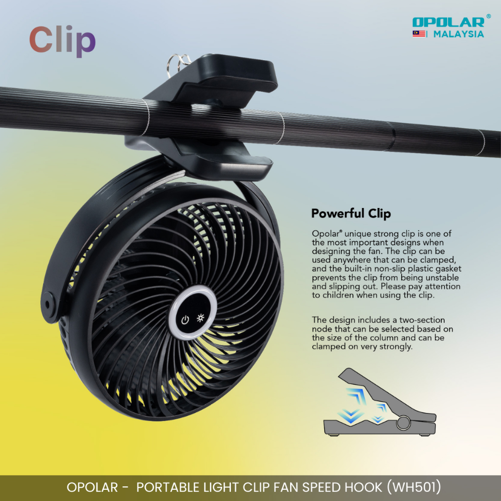 OPOLAR - 8" CLIP FAN 10000MAH RECHARGEABLE PORTABLE FAN LIGHT HOOK & CLIP DESIGN WH501