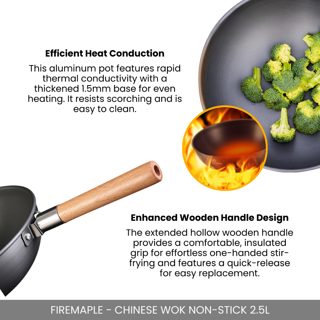 FIREMAPLE - CHINESE WOK 2.5L  FRYING NON-STICK WOK PAN COOKWARE FOR OUTDOOR INDOOR CAMPING PICNIC